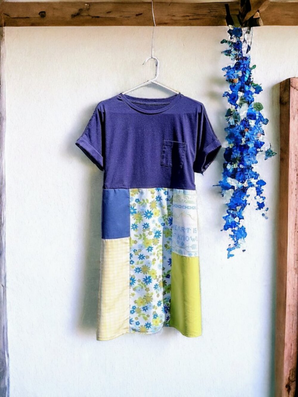Upcycled Navy Floral Dolman Sleeve Patchwork Dress Xl 2X